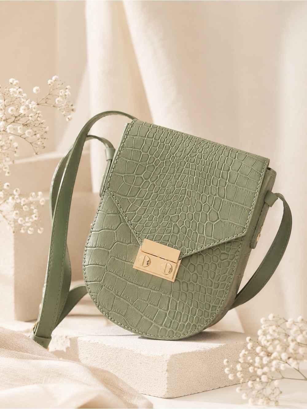 ISADORA Made in Italy Genuine Leather Menta Croc Embossed Crossbody Bag Green